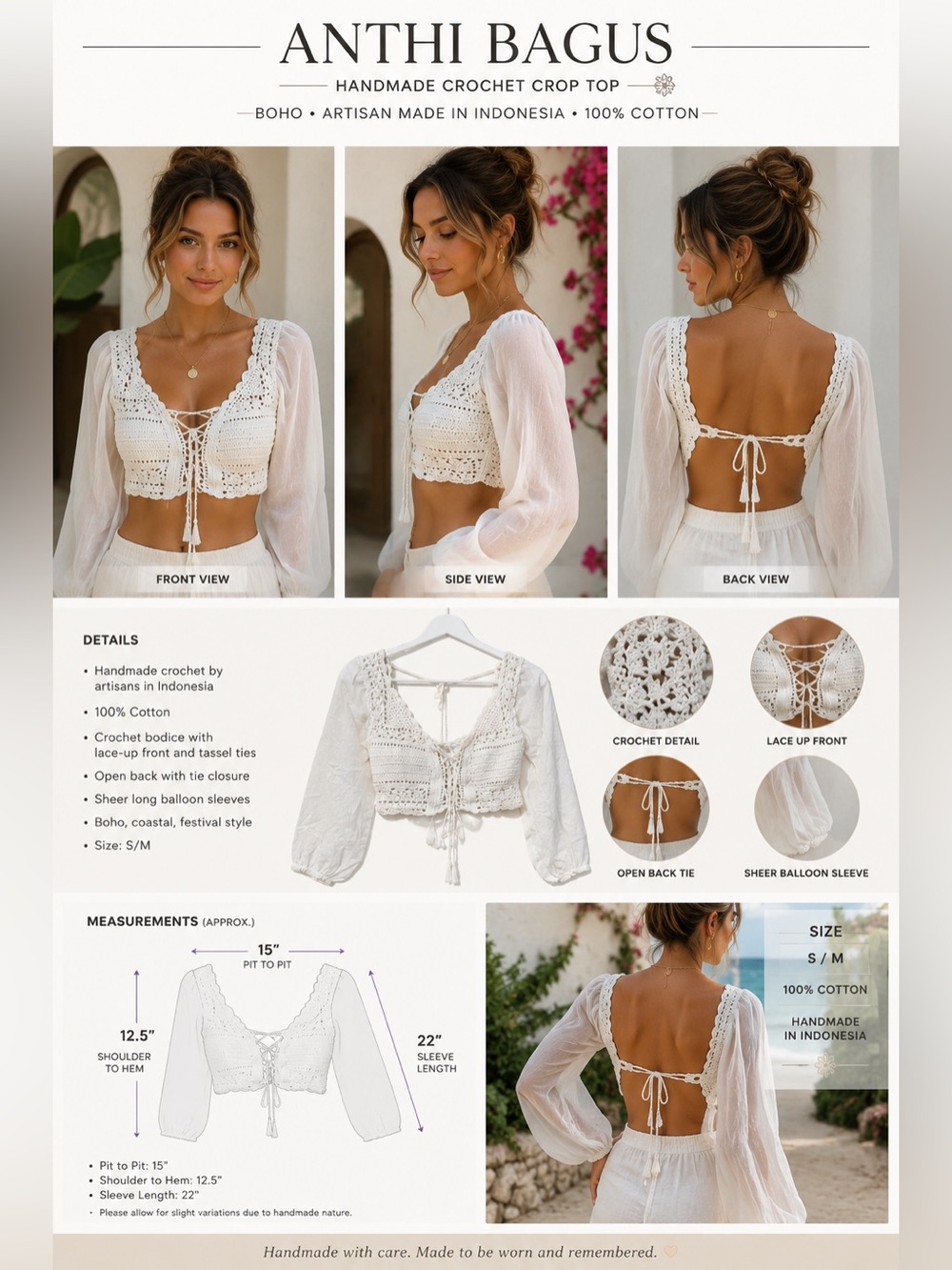 Anthi Bagus Handmade Crochet Crop Top White Boho Lace Up Sheer Sleeve S/M